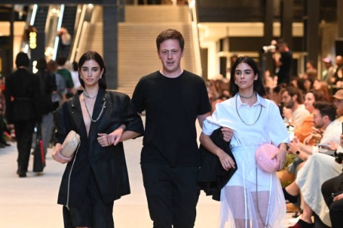 Guillaume Larquemain and models walk the runway at Vegan Fashion Week held at California Market Center on October 9, 2023 in Los Angeles, California.