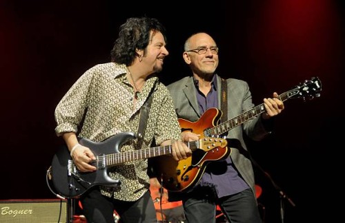 Guitarists Steve Lukather and Larry Carlton perform at the last show of their 2015 Asian tour, at the AC Hall in Hong Kong on February 5, 2015....