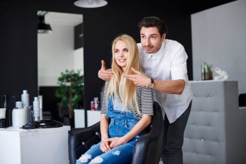 hairdresser advising his customer - hairstyle stock pictures, royalty-free photos & images