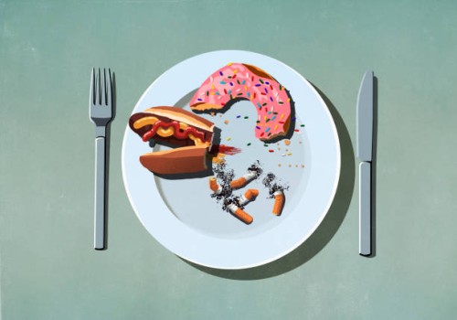 half-eaten hot dog, donut and cigarette butts on plate - junk food stock illustrations