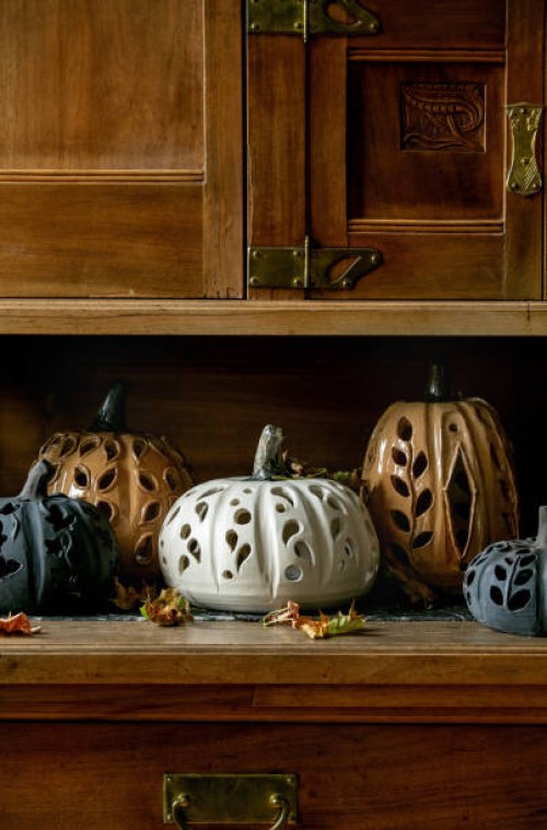 halloween decorations, hand crafted ceramic pumpkins - home decoration stock pictures, royalty-free photos & images