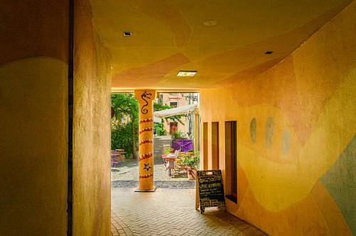 hallway or corridor at kunsthofpassage dresden with colorful walls - garden decoration stock pictures, royalty-free photos & images