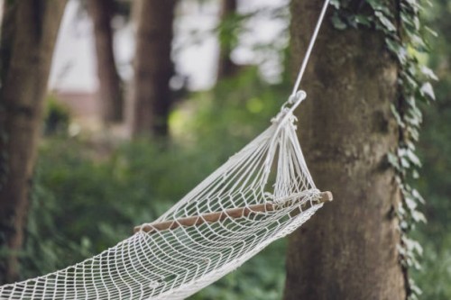 hammock hanging between trees in the garden. decoration service. garden party, summer festival, wedding. - garden decoration stock pictures, royalty-free photos & images