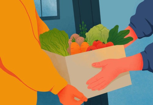 hands of man delivering box of fresh vegetables at doorway - food stock illustrations