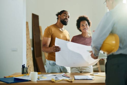 happy black couple talking to real estate agent in the apartment. - home decoration stock pictures, royalty-free photos & images