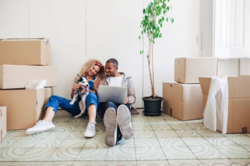 happy couple playing with dog while using laptop computer at new home - home decoration stock pictures, royalty-free photos & images