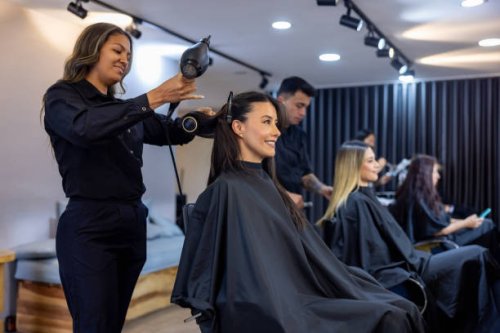 happy customers at the hair salon - hairstyle stock pictures, royalty-free photos & images