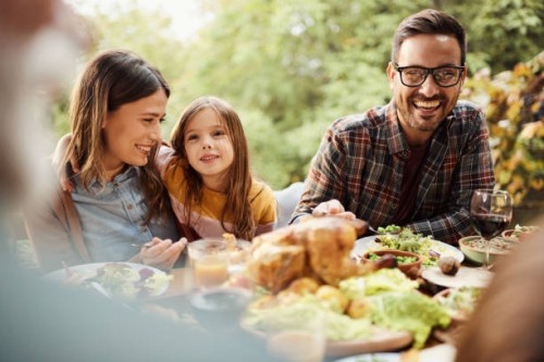 happy family enjoying in lunch outdoors. - food stock pictures, royalty-free photos & images