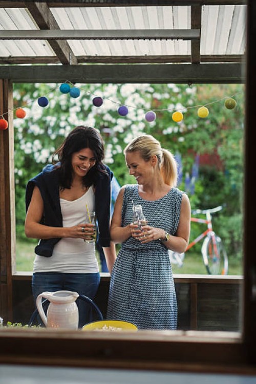 happy female friends holding drink bottles while standing in log cabin during party - garden decoration stock pictures, royalty-free photos & images