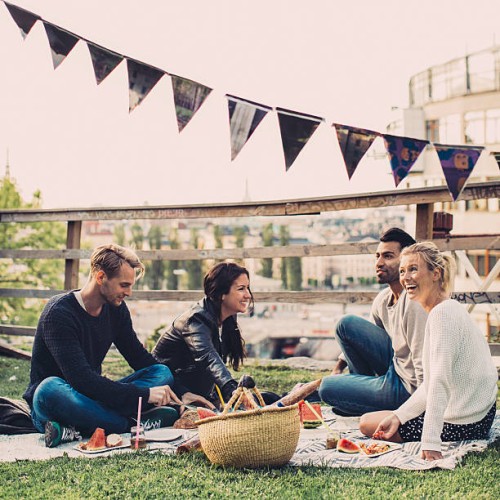 happy friends enjoying picnic on roof garden - garden decoration stock pictures, royalty-free photos & images
