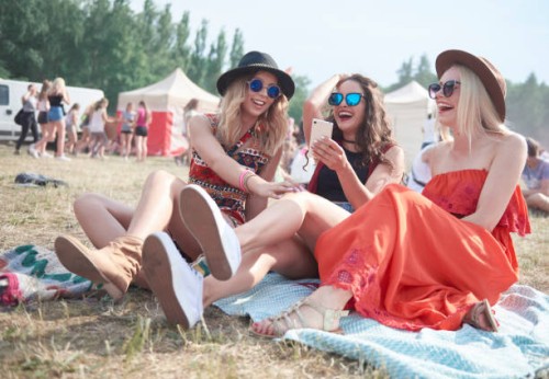 happy friends making selfie at music festival - concert stock pictures, royalty-free photos & images