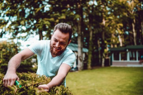 happy gardener working in his natural habitat - garden decoration stock pictures, royalty-free photos & images