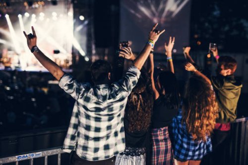 happy group of people jumping and dancing at music festival. view from behind - concert stock pictures, royalty-free photos & images
