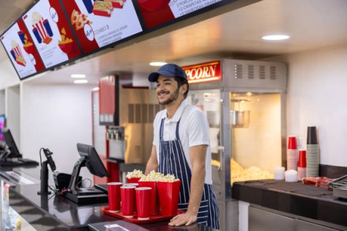 happy retail clerk selling snacks at the movie theatre - junk food stock pictures, royalty-free photos & images