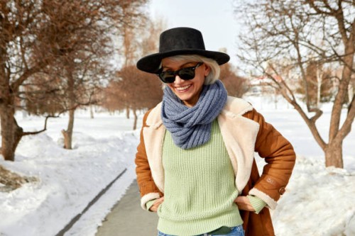 happy senior woman happy on autumn street - fashion stock pictures, royalty-free photos & images