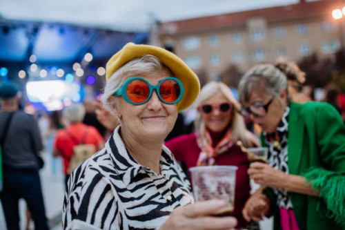 happy three senior friends having fun at outdoor concert. - concert stock pictures, royalty-free photos & images