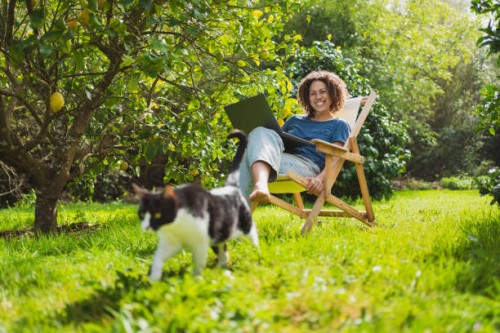 happy woman with laptop looking at cat while sitting on deck chair by lemon tree - garden decoration photos et images de collection
