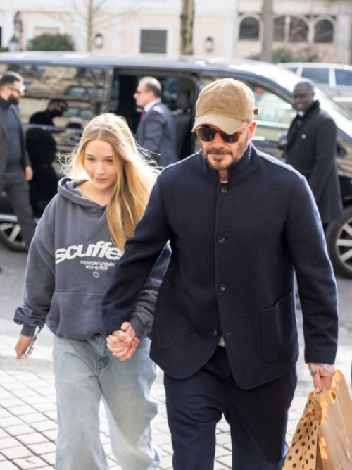 Harper Beckham and David Backham seen during the Womenswear Fall/Winter 2025/2026 as part of Paris Fashion Week on March 07, 2025 in Paris, France.