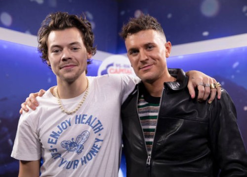 Harry Styles and Jimmy Hill backstage in the on air studio during day one of Capital's Jingle Bell Ball with Seat at London's O2 Arena.