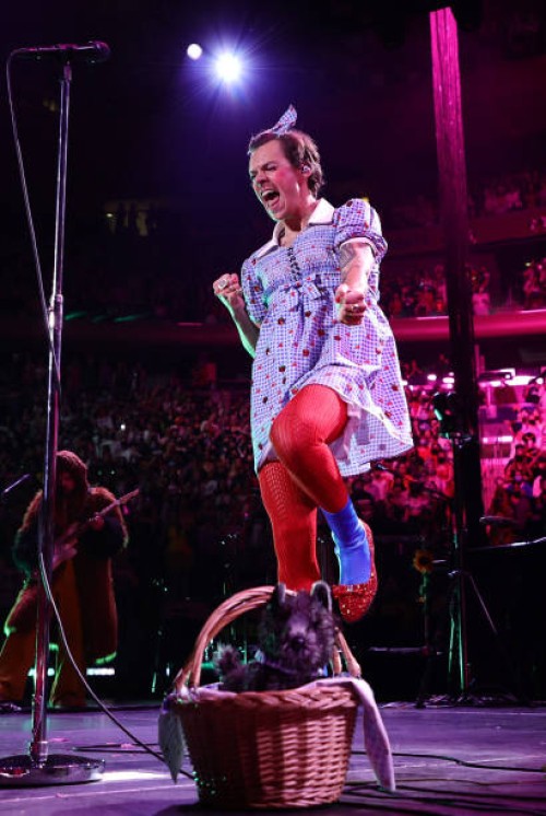 Harry Styles performs, in Dorothy from "The Wizard of Oz" costume, with Toto dog onstage at Harry Styles "Harryween" Fancy Dress Party at Madison...