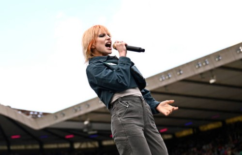 Hayley Williams of Paramore performs on stage as support on the Taylor Swift Eras Tour, at Scottish Gas Murrayfield Stadium on June 07, 2024 in...