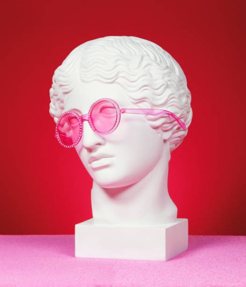 head sculpture with pink eyeglasses - fashion stock pictures, royalty-free photos & images