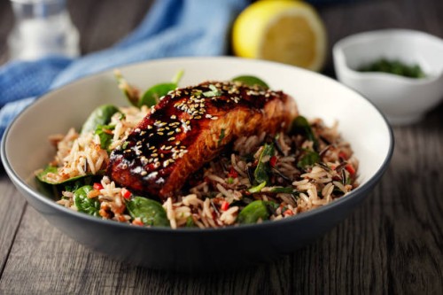 healthy wild rice salad with grilled teriyaki salmon fillet - food stock pictures, royalty-free photos & images