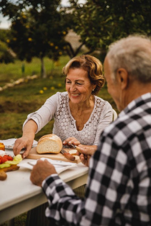 heureux couple de personnes âgées assis à table dans leur cour arrière, se liant et soupant - garden decoration photos et images de collection