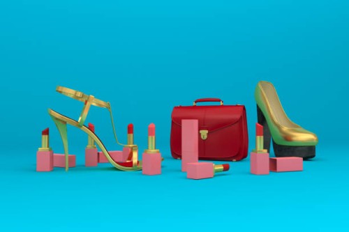 hi fashion stuff like designer handbag designer footwear and lipsticks against sky blue background which is a 3d generated image. - fashion stock pictures, royalty-free photos & images