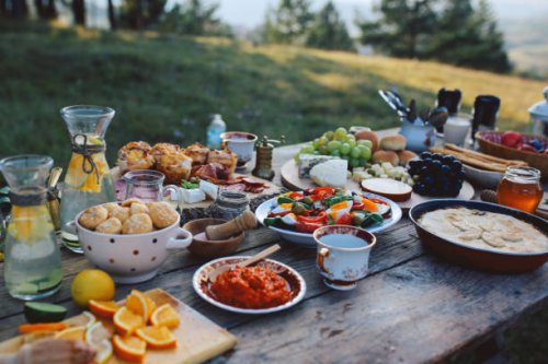 high angle image of a rustic, wooden food table - food stock pictures, royalty-free photos & images