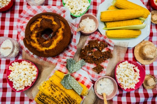 high angle view of a meal on a brazilian junina party - food stock pictures, royalty-free photos & images