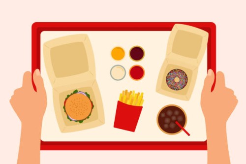 high angle view of fast food tray with burger, french fries, cola and doughnut. unhealthy eating - food stock illustrations