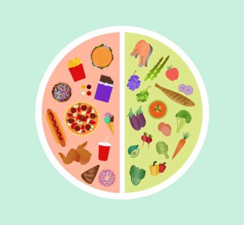 high angle view of plate with healthy and unhealthy food. healthy and unhealthy food comparison - junk food stock illustrations