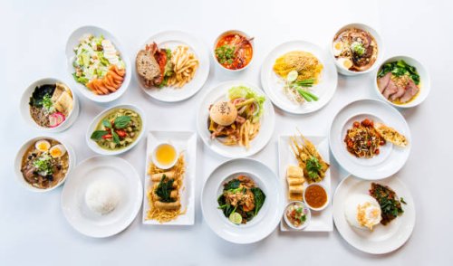 high angle view of variety food on table - stock photo - food stock pictures, royalty-free photos & images