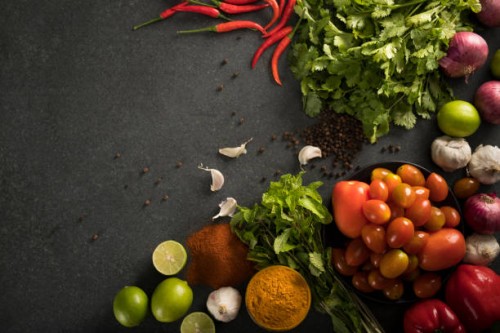 high angle view of various vegetables, herbs and spices. - food stock pictures, royalty-free photos & images