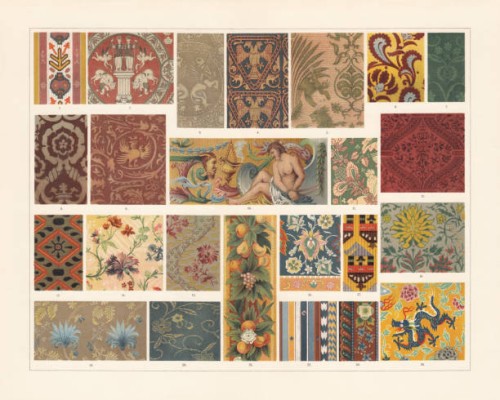 historical fabrics (antiquity to the 19th century), chromolithograph, published 1897 - fashion stock illustrations