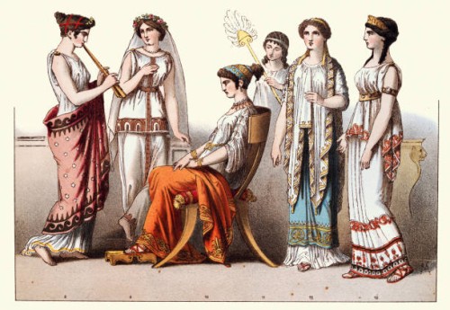 history costumes fashions of ancient greece, greek, young women, flute player - fashion stock illustrations