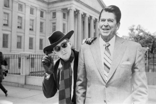 Holly Johnson posing outside the White House with a full-size cutout of Ronald Reagan. Liverpool band Frankie Goes To Hollywood, at Capitol Hill in...