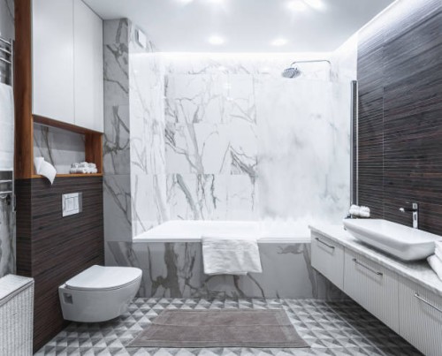 home design, bathroom interior side view in modern scandinavian style in natural tones in gray color close up - home decoration stock pictures, royalty-free photos & images