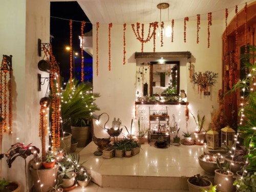 home entrance decorated with lights and plants. - garden decoration stock pictures, royalty-free photos & images