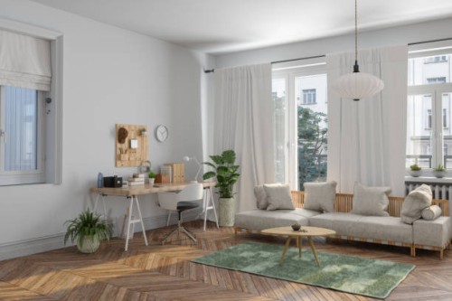 home office interior with wooden table, sofa and potted plants. working at home - home decoration stock pictures, royalty-free photos & images