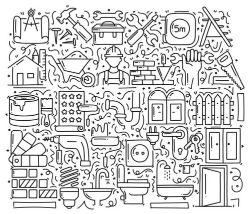 home renovation and repair related objects and elements. hand drawn vector doodle illustration collection. hand drawn pattern design - home decoration stock illustrations