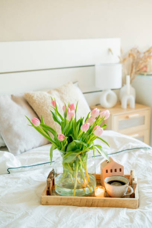 home spring decor, bouquet of tulips in vase, hot coffee. - home decoration stock pictures, royalty-free photos & images