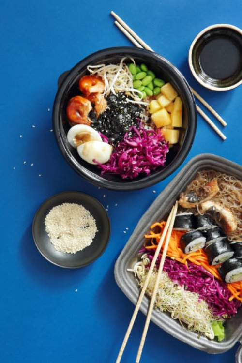 homemade poke noodle salad with unagi eel and poke with grilled prawns - junk food stock pictures, royalty-free photos & images