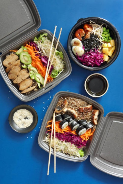 homemade poke noodle salad with unagi eel, vegan poke bowl and poke with grilled prawns - junk food stock pictures, royalty-free photos & images