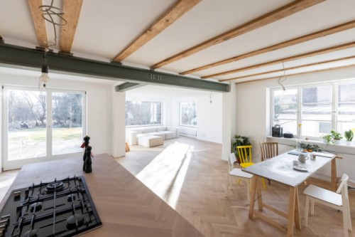 house under construction. wide angle view of the kitchen and living room. - home decoration stock pictures, royalty-free photos & images