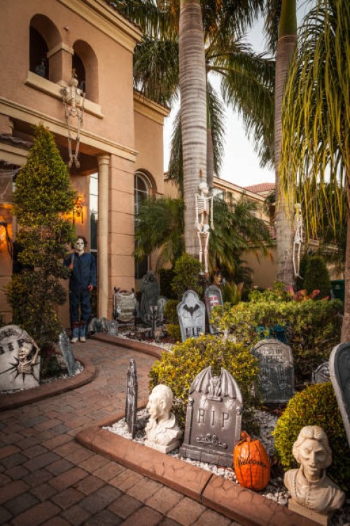 house with halloween decocarions - garden decoration stock pictures, royalty-free photos & images