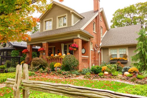 house with thanksgiving decoration in autumn - garden decoration stock pictures, royalty-free photos & images