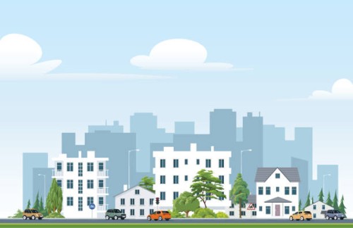 housing apartment and city life. cityscape with houses and town, flat illustration cartoon style - garden decoration stock illustrations