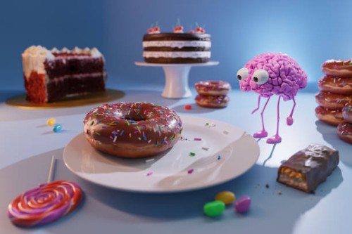 human brain walking between cookies, candies and other junk food - food stock pictures, royalty-free photos & images